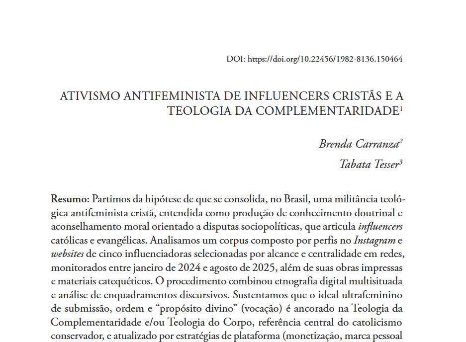 “Ativismo antifeminista de influencers cristãs e a Teologia da complementariedade” Brenda Carranza e Tabata Tesser publicaram na Debates do NER Ano 26, N. 47 (2026)