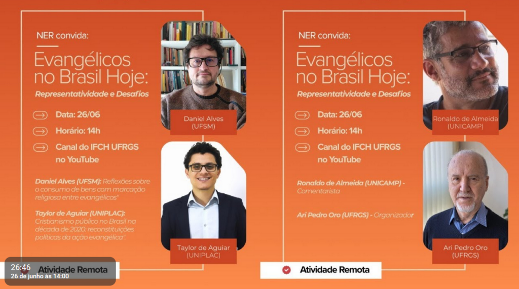 “Evangélicos no Brasil, Hoje” Ronaldo de Almeida participará de uma atividade do NER da UFRGS agora às 14h comentando trabalhos de Taylor de Aguiar e Daniel Alves